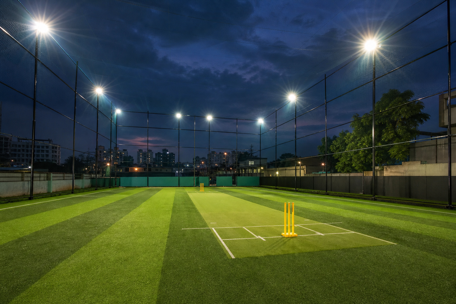 Floodlit box cricket arena at evening